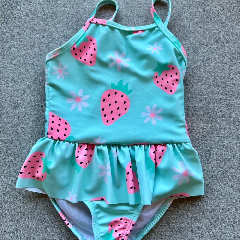 Bright Strawberry One Piece Girls Swim Suit | 2T | NWOT | Skirt | Never worn